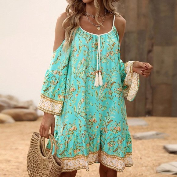 Mint Green Boho Womens Floral Print Cold Shoulder Tassel Trim Ruffle Hem Dress - Picture 1 of 5